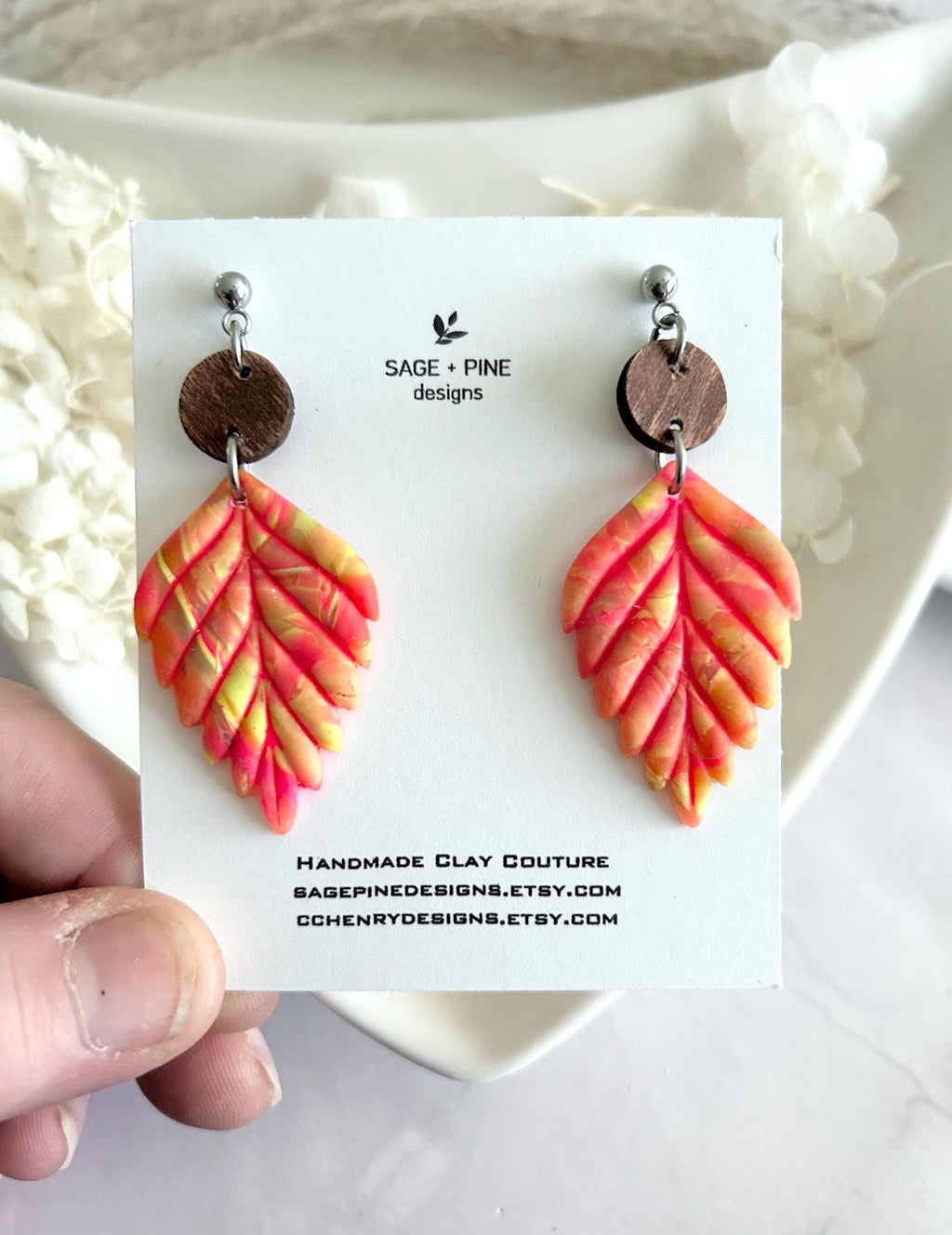Neon Leaf Earrings, Walnut Wood Bead Earrings, Multicolor Dangles, Hypoallergenic Clay Lightweight Jewelry