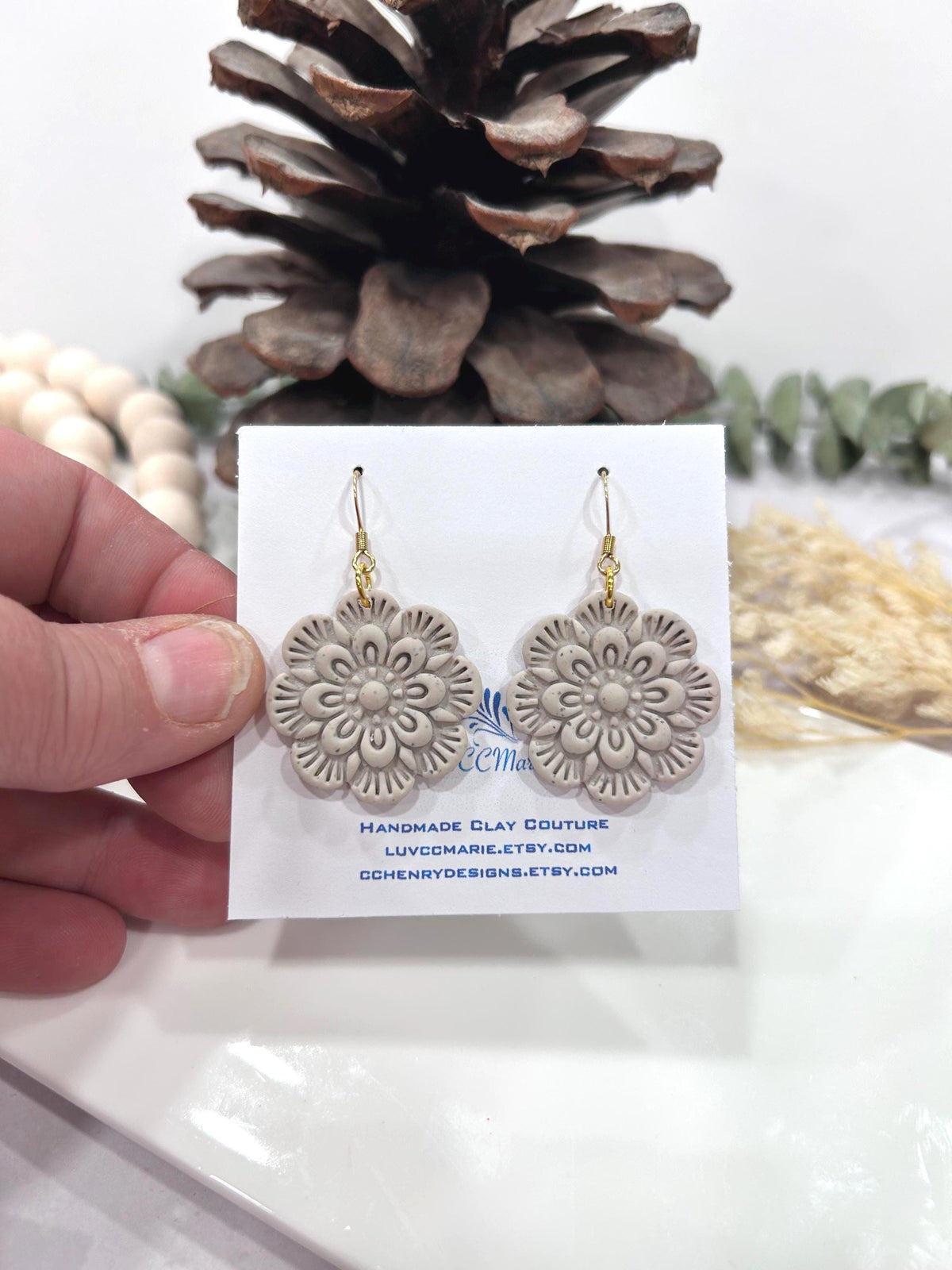 Minimalist Floral Clay Earrings, Creamy White Flower Dangles, Handmade Gift
