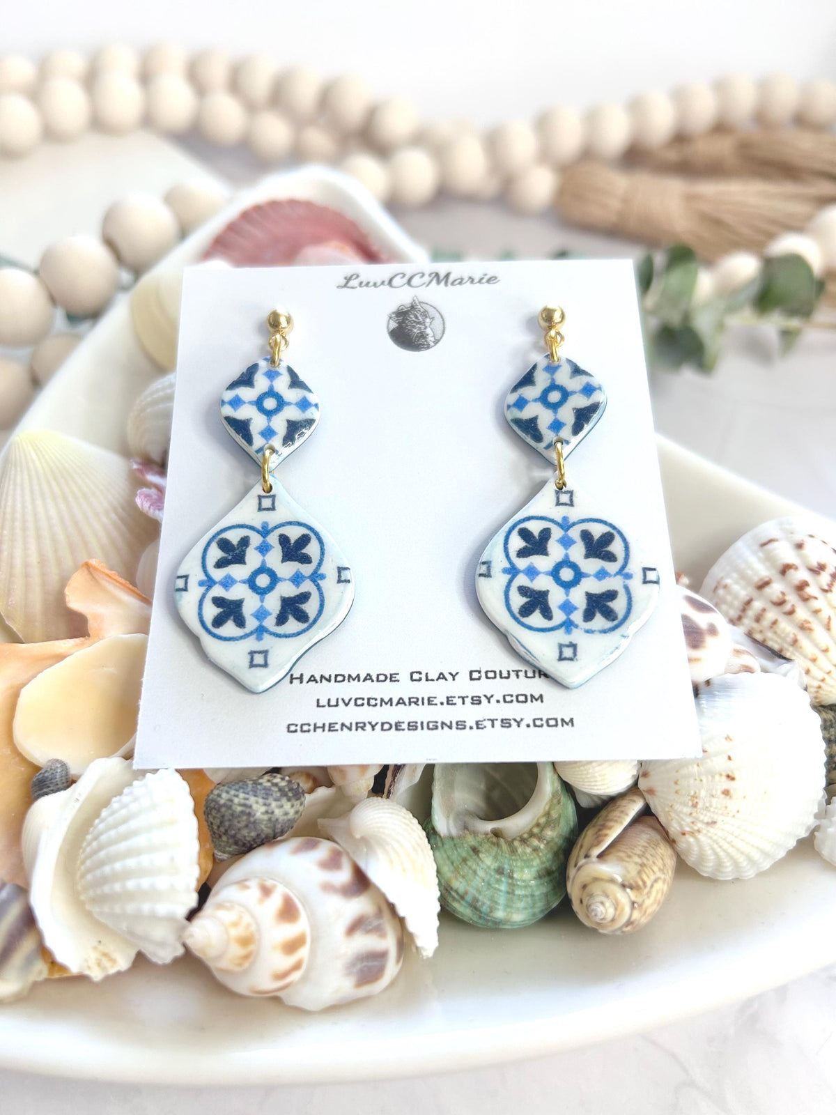 Cobalt Blue Vase Santorini Blue Earrings, Mediterranean Tile Greek Dangles, Handmade Boho Clay Jewelry
