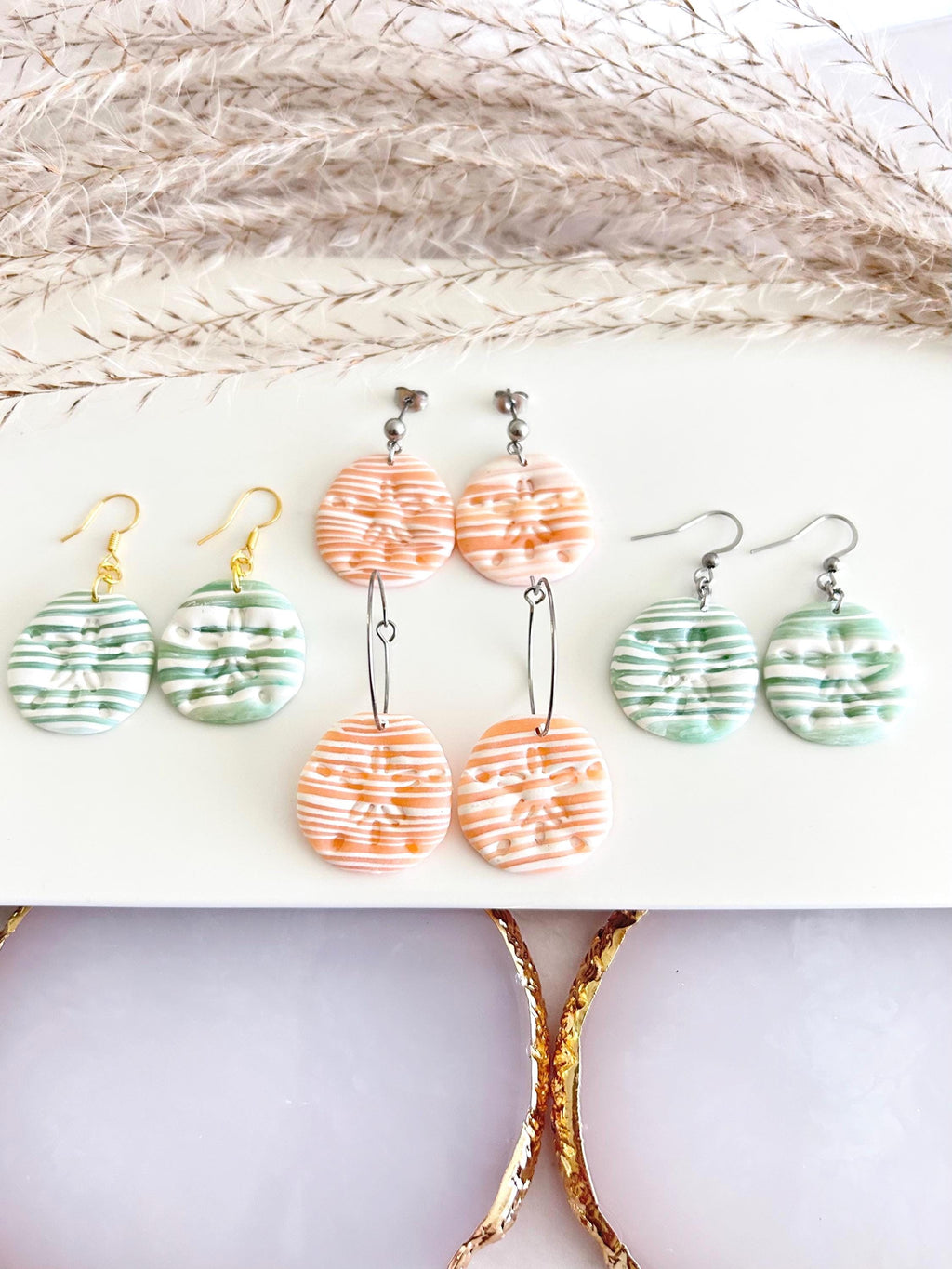 Sand Dollar Summer Earrings, Polymer Clay Dangles, Peach Mint Vacation Coastal Beach Handmade Gift