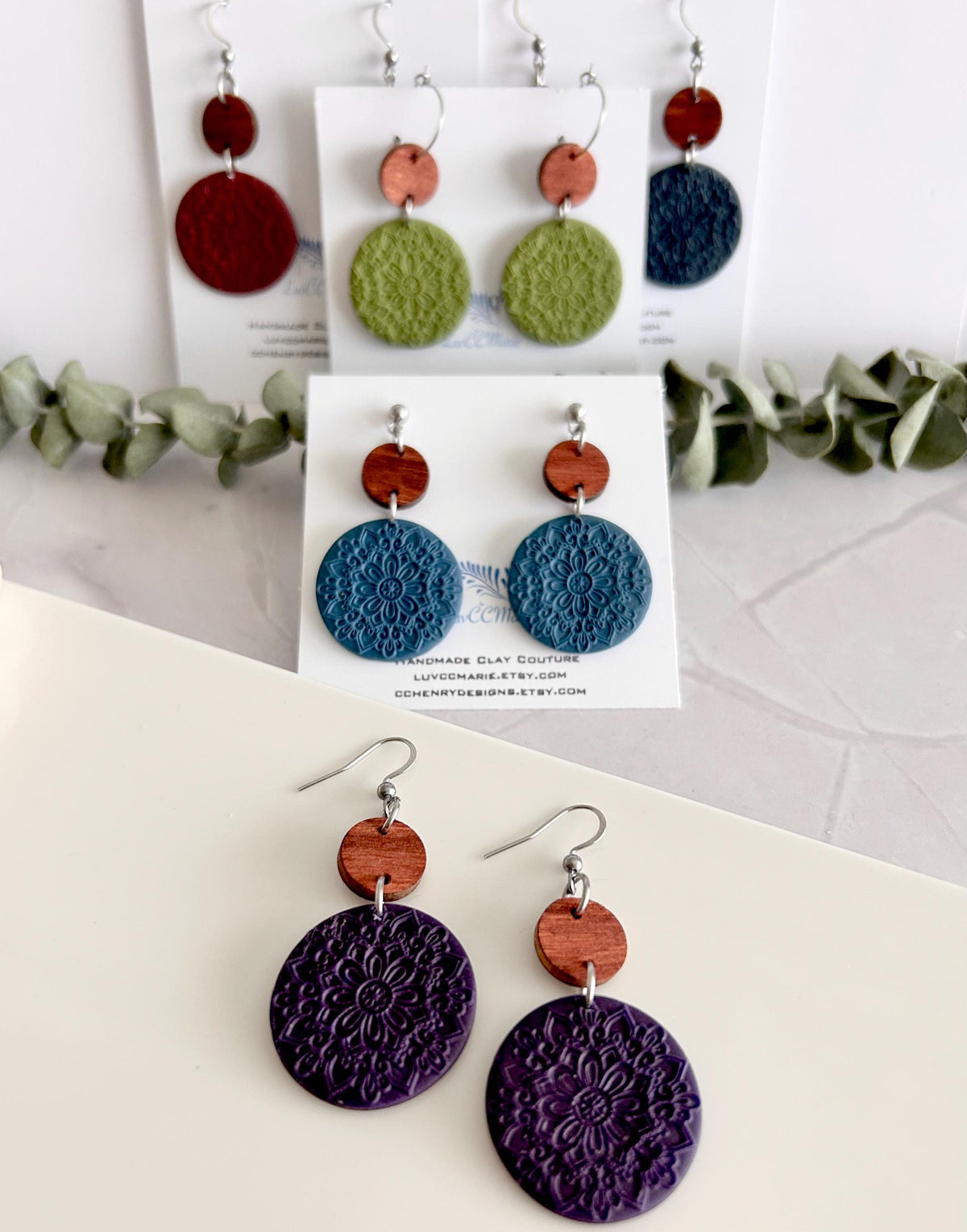 Boho Clay and Wood Stud Earrings: Blue Mandala Circle Dangles