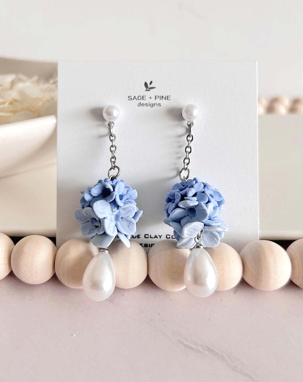 Hydrangea Earrings, Flower Cluster Clay Dangles, Pearl Chain Pastel Floral Drop Unique Wedding Jewelry