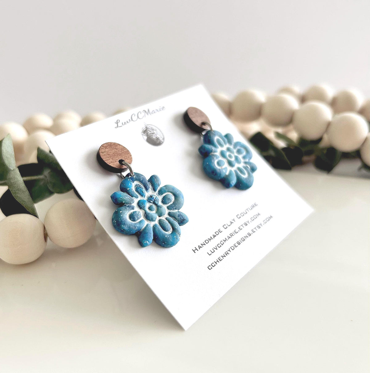 Teal & White Santorini Tile Clay Earrings, Boho Flower Mediterranean Dangles