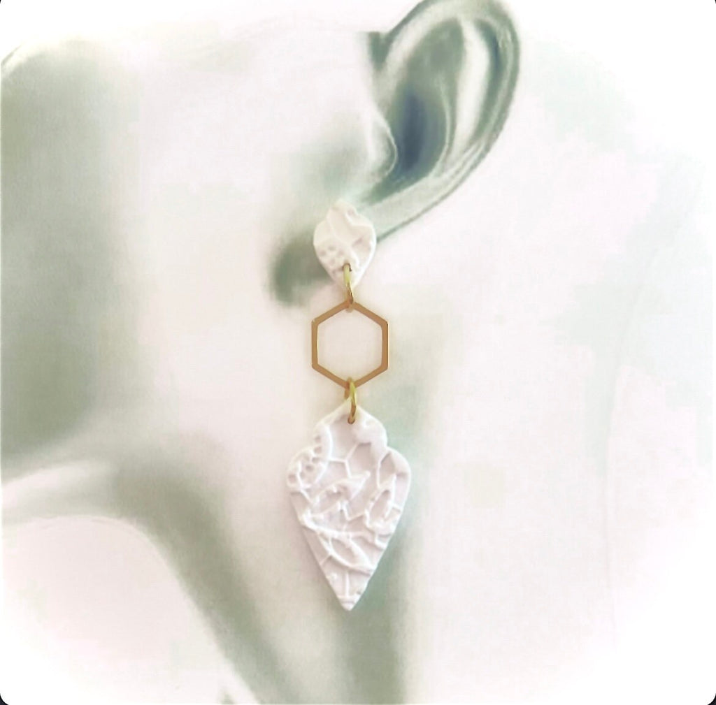 White and Gold Long Earrings, Modern Geometric Clay Dangles, Floral Embossed Handmade Jewelry