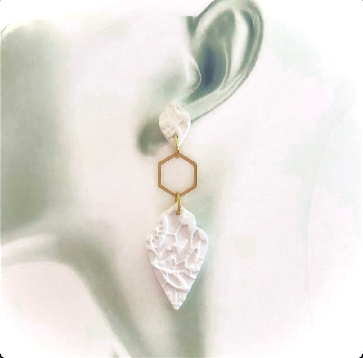 White and Gold Long Earrings, Modern Geometric Clay Dangles, Floral Embossed Handmade Jewelry