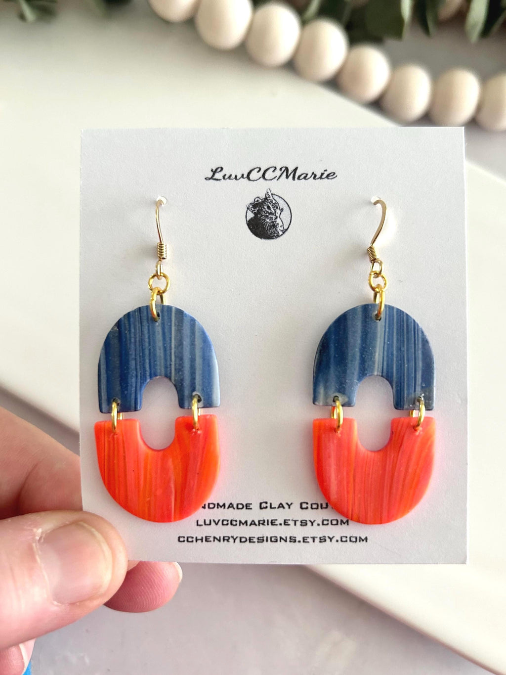 Orange Navy Blue Dangles, Marbled Coral Clay Long Bright Earrings, Neon Summer Drop Handmade