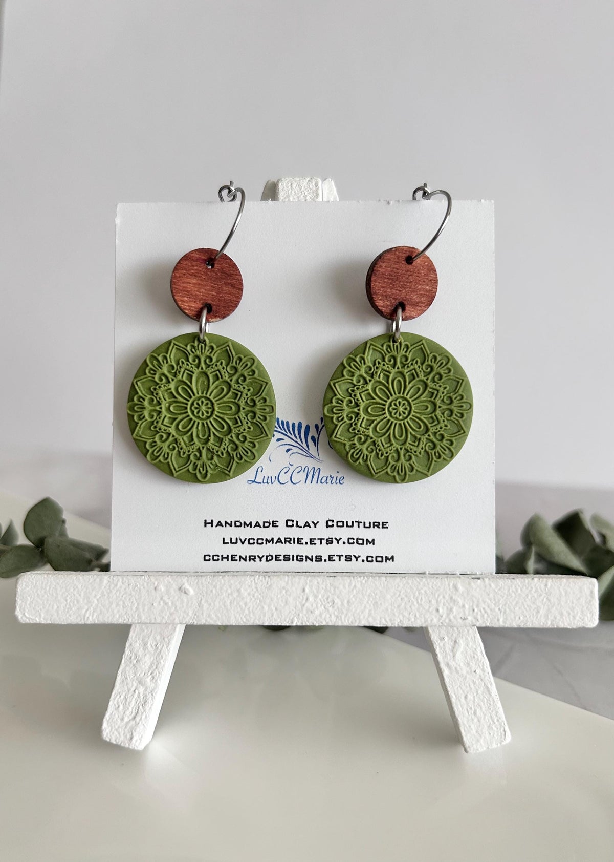 Burgundy Earrings, Embossed Floral Clay Dangles, 18k Gold Fall Jewelry, Brown Wood Handmade Lightweight