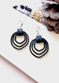 Black Silver Drop Hoops, Large Thin Hoop Dangles, Lightweight Clay Handmade Earrings, Stainless Steel
