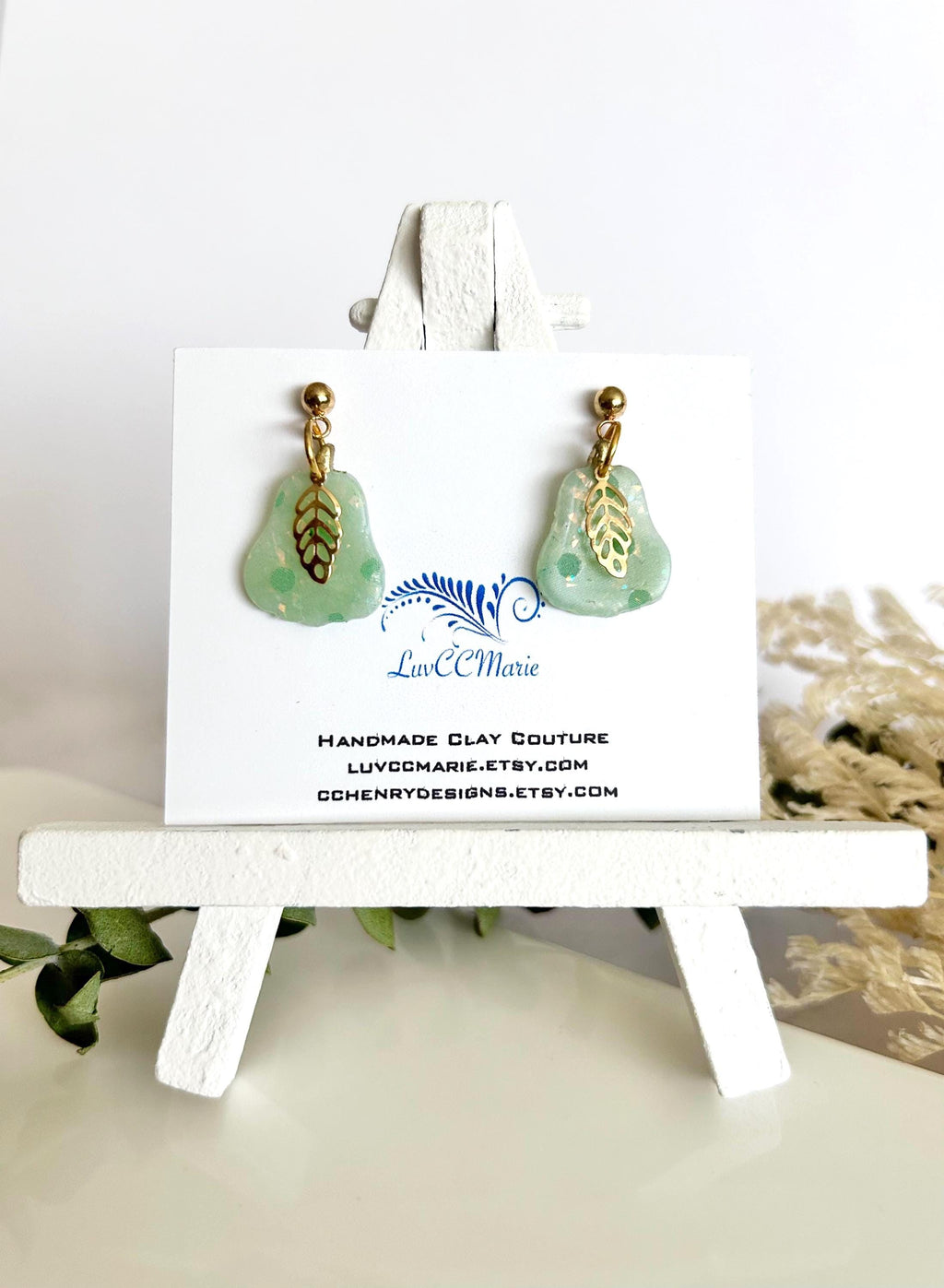 Mint Green Polka Dot Pear Clay Earrings, Pastel Opal Dangles, Handmade Fashion Boho Jewelry