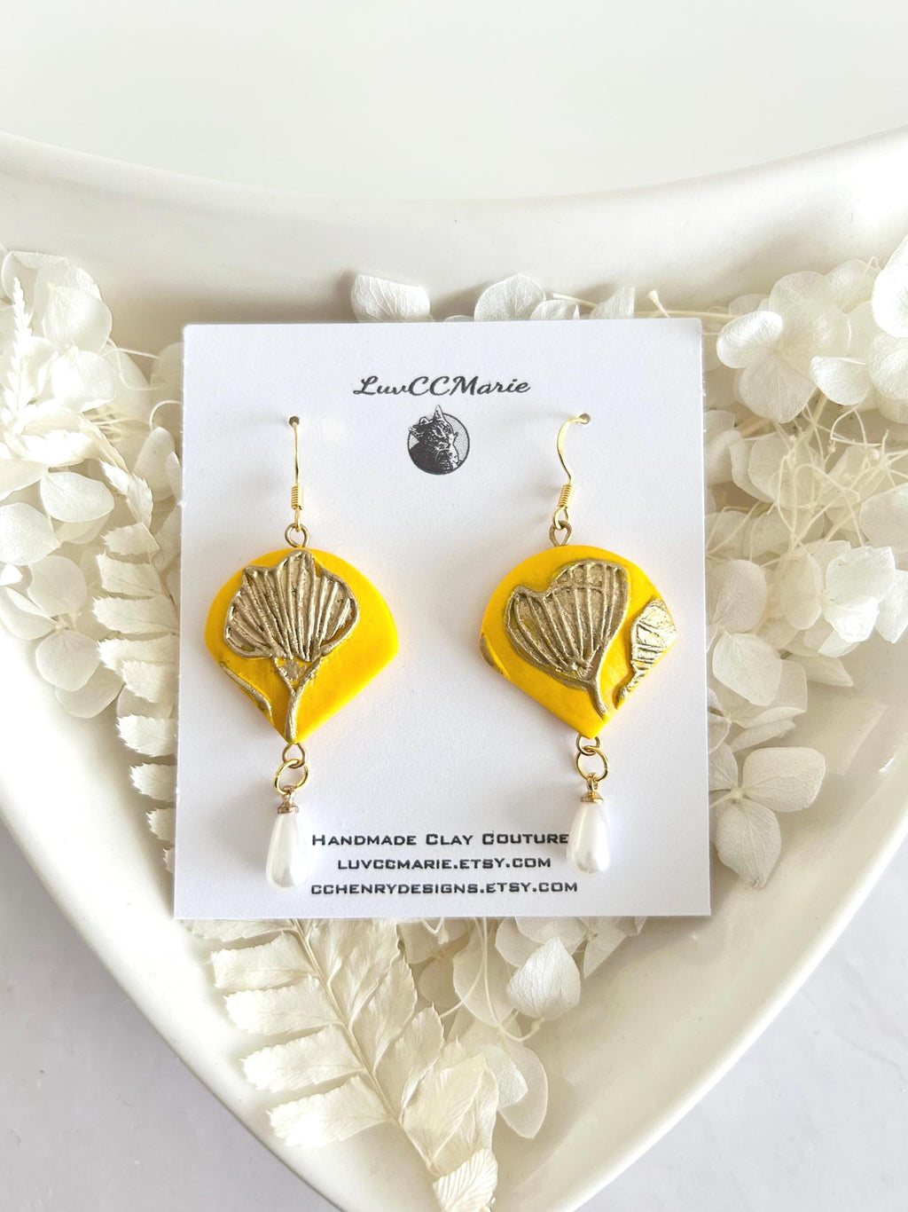 California Poppy Flower Clay Earrings, Abstract Floral Pearl Dangles, Handmade Jewelry Gift for Her