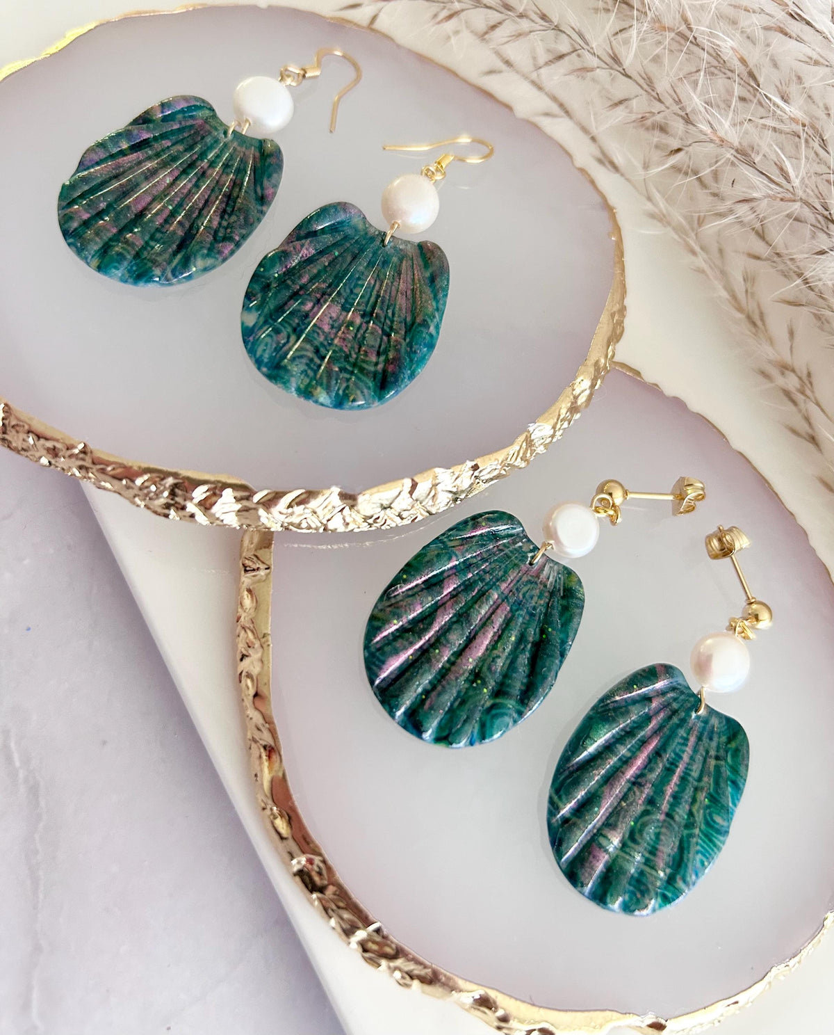 Pearl Shell Dangle Earrings, Abalone Inspired Seashell Dangles, Handmade Clay Coastal Jewelry