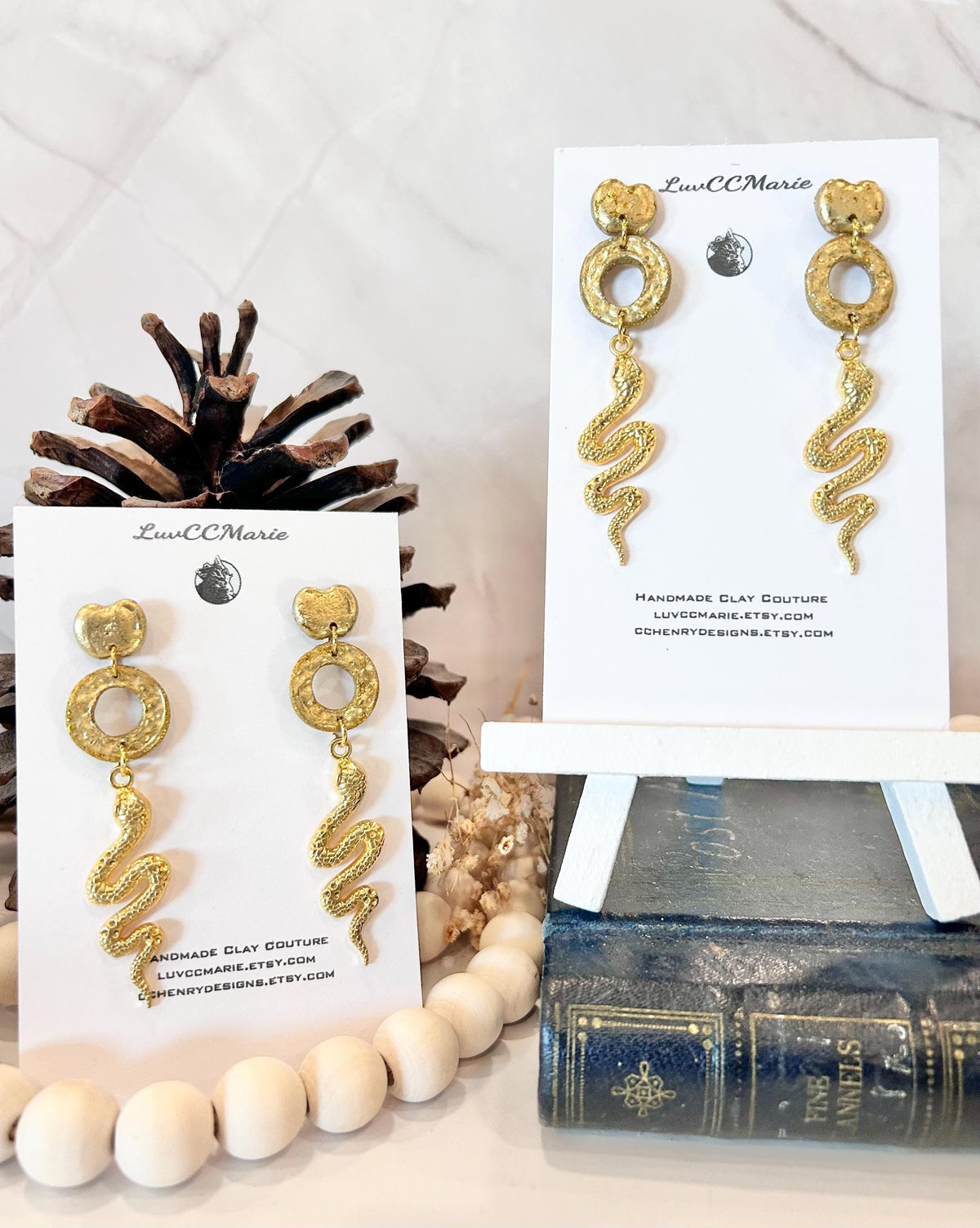 Handmade Clay Long Snake Dangle Earrings, Apple Studs, Statement Jewelry