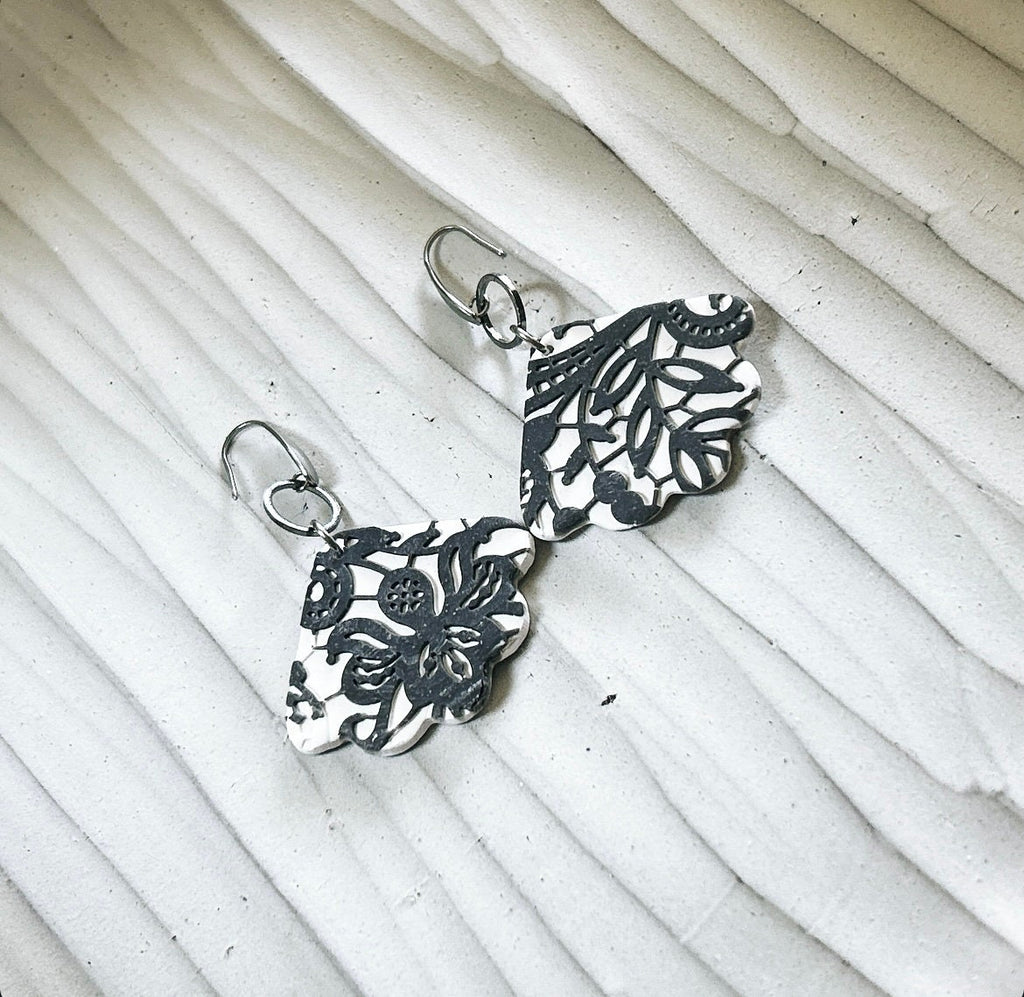 Black & White Lace Earrings, Charcoal Gray Wedding Dangles, Stainless Steel Clay Jewelry Handmade