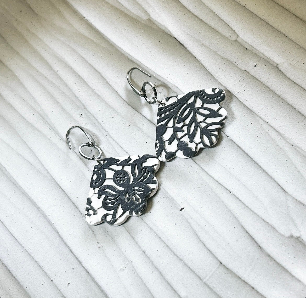Black & White Lace Earrings, Charcoal Gray Wedding Dangles, Stainless Steel Clay Jewelry Handmade