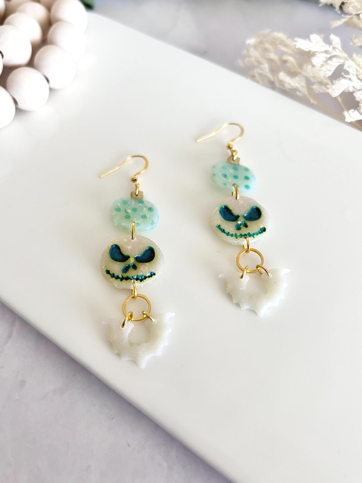 Mint Green Pumpkin Earrings, Skull Bat Long Dangles, Lightweight Hypoallergenic Clay Polka Dot