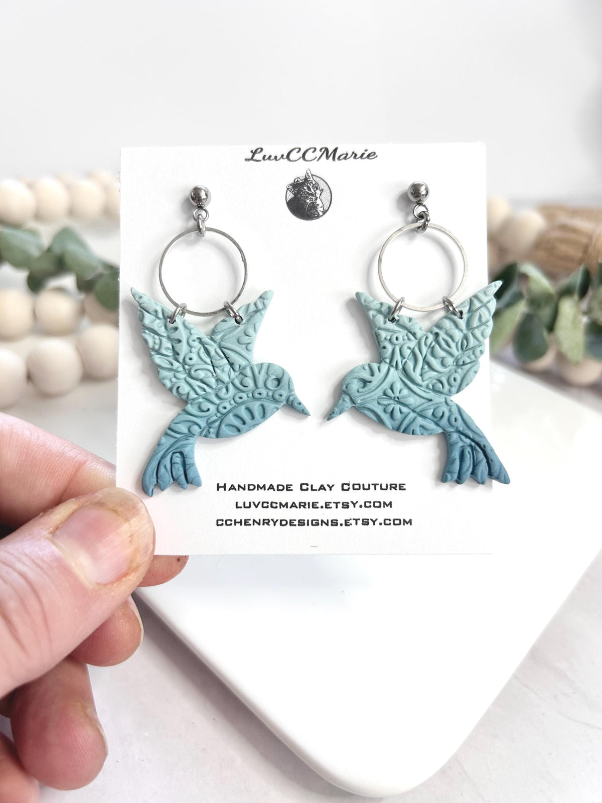 Hummingbird Earrings, Polymer Clay Hoop Dangles, Light Blue Statement Ombre Handmade Boho Jewelry Gift