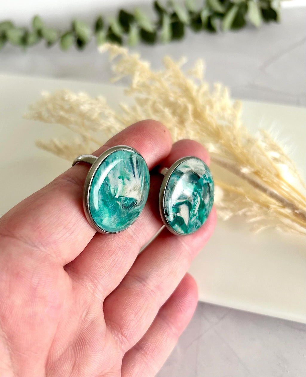 Green Faux Malachite Stone Polymer Clay Ring, Stainless Steel Adjustable Band, Handmade Jewelry