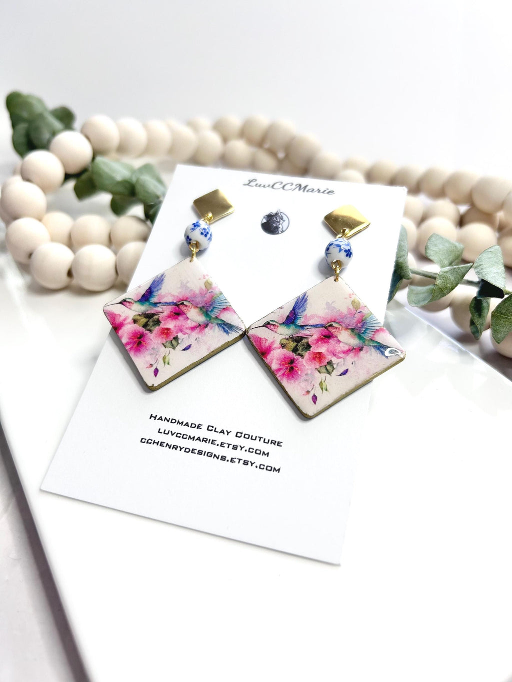 Hummingbird Bead Dangles Earrings, White, Pink and Light Blue Handmade Clay Jewelry Gift