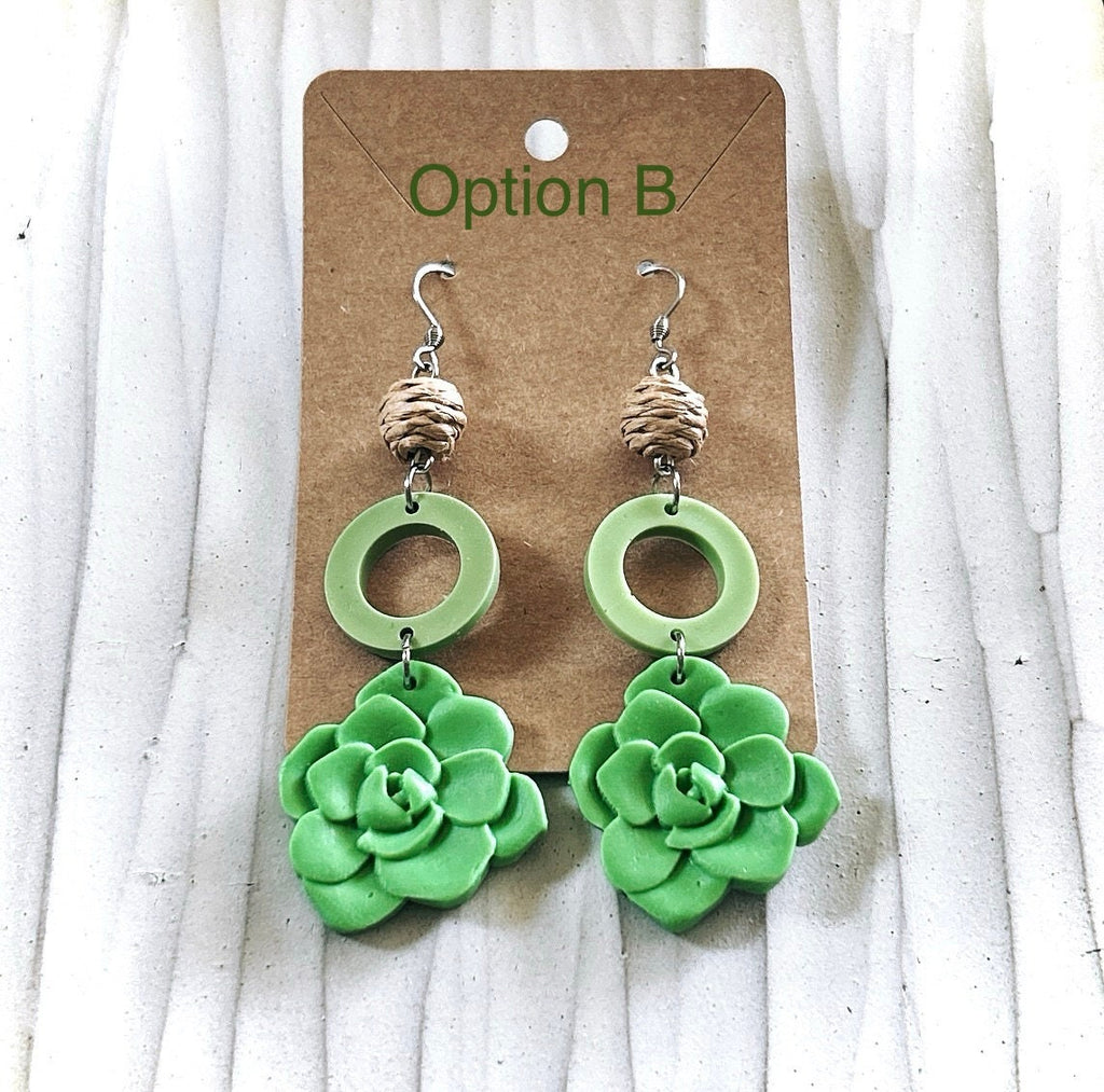 Handmade Clay Succulent Dangle Earrings, Green and Brown Raffia Dangles, Long Lightweight Boho Jewelry