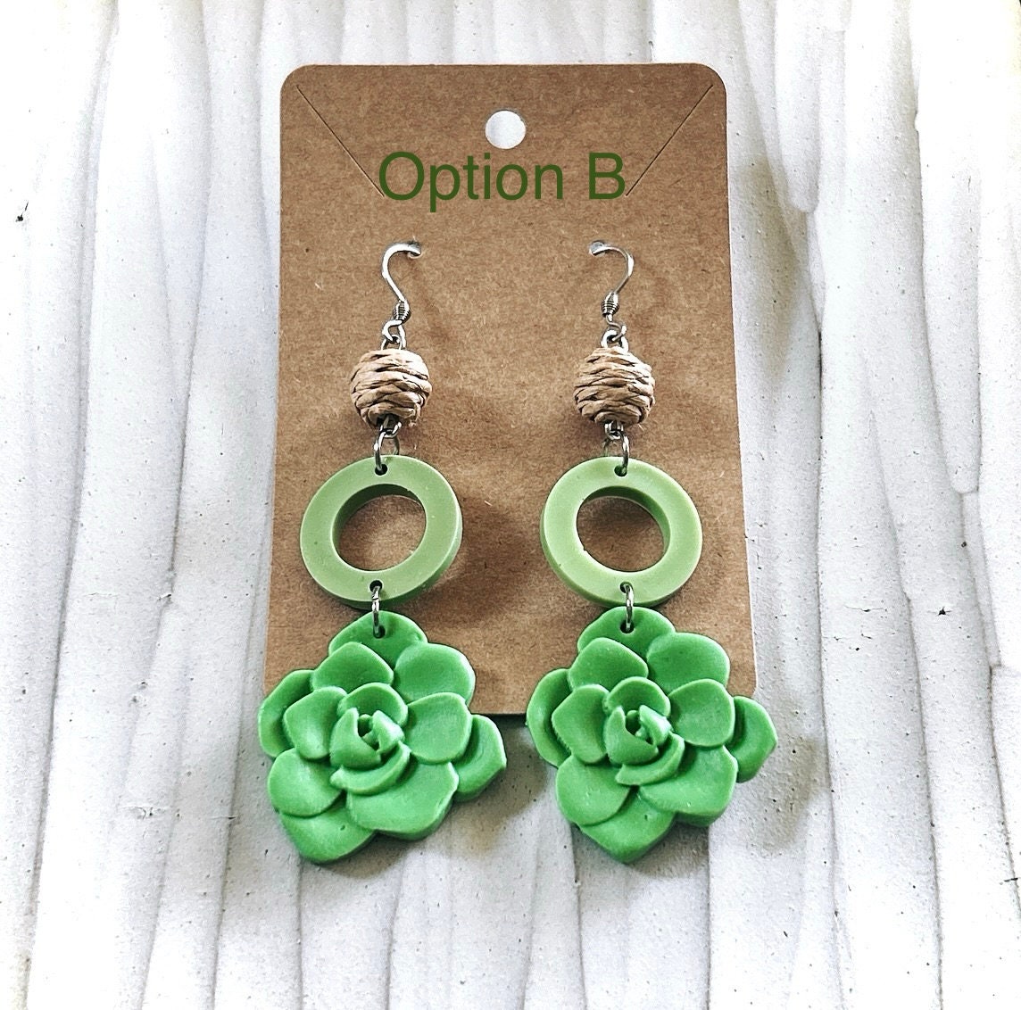 Handmade Clay Succulent Dangle Earrings, Green and Brown Raffia Dangles, Long Lightweight Boho Jewelry