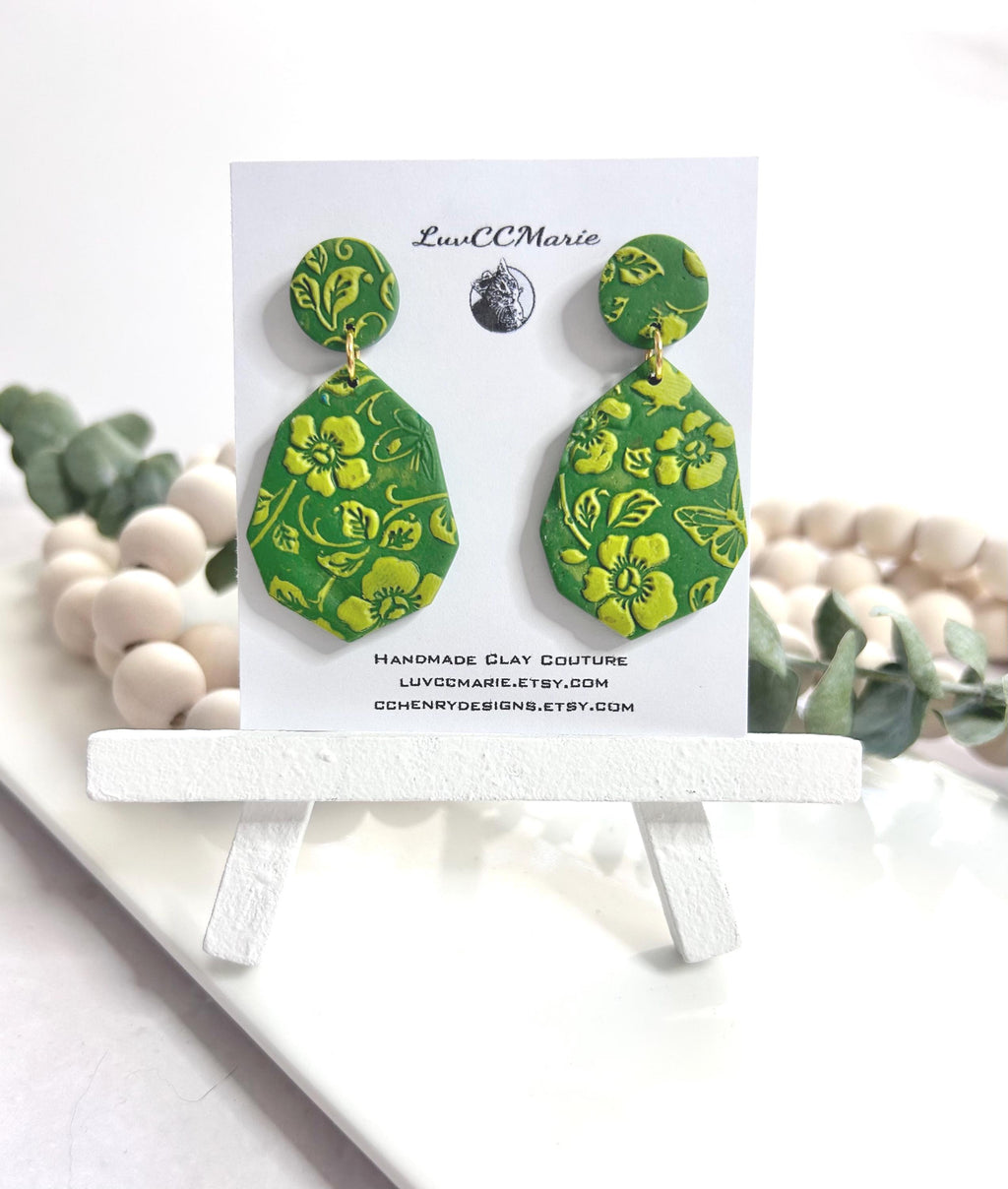 Handmade Green Floral Clay Earrings: Boho Drop Dangles