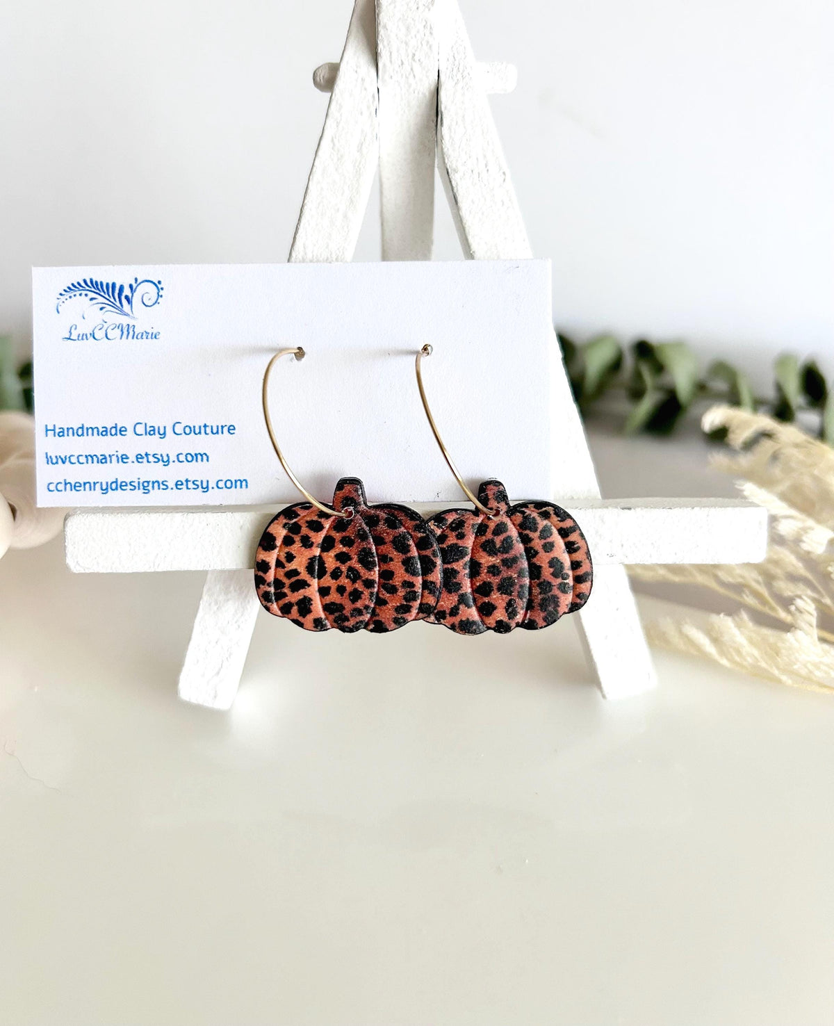 Leopard Print Pumpkin Earrings, Fall Hoop Dangles, Lightweight Handmade Clay Jewelry