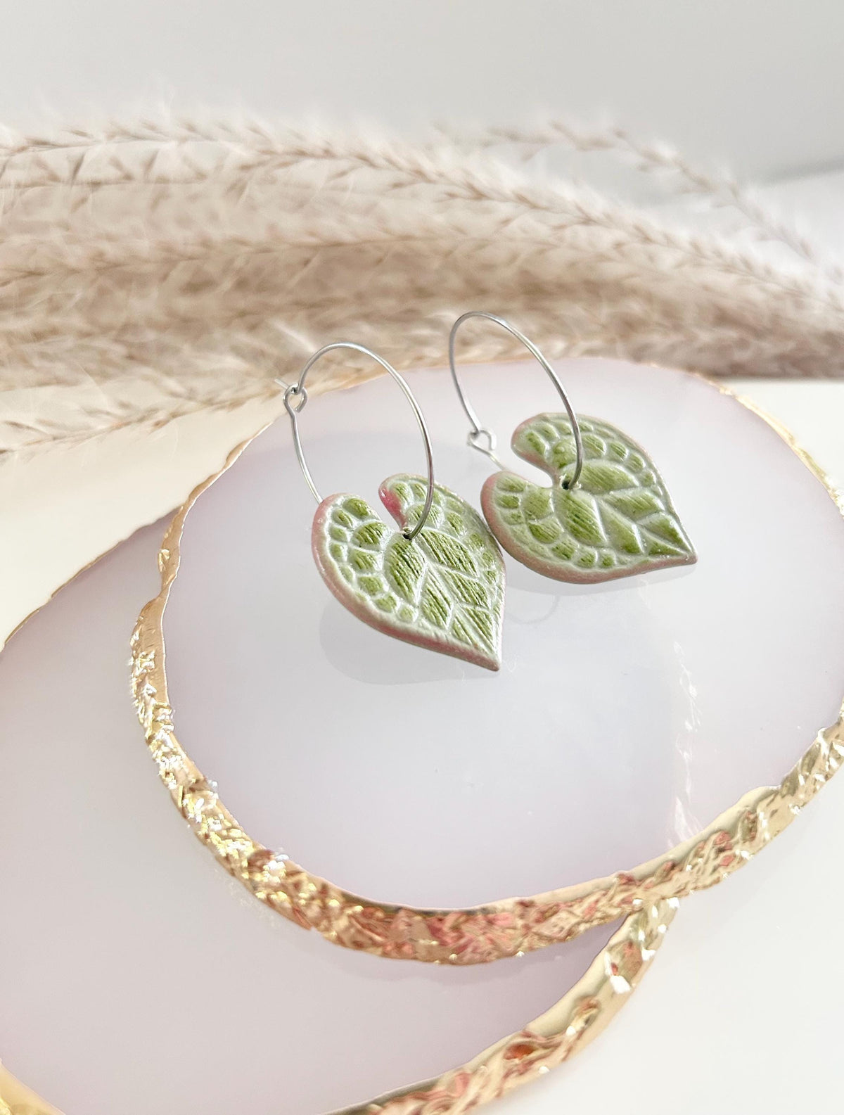 String of Hearts Leaf Earrings, Olive Pink Leaf Dangles, Clay Drop Houseplant Jewelry