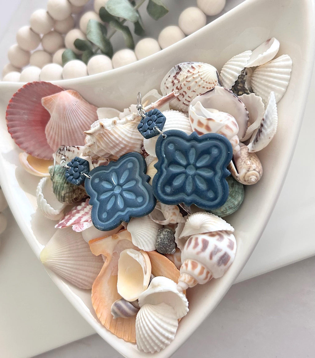 Dark Teal Blue Statement Tile Dangle Earrings Handmade Jewelry Lightweight Vacation Gift