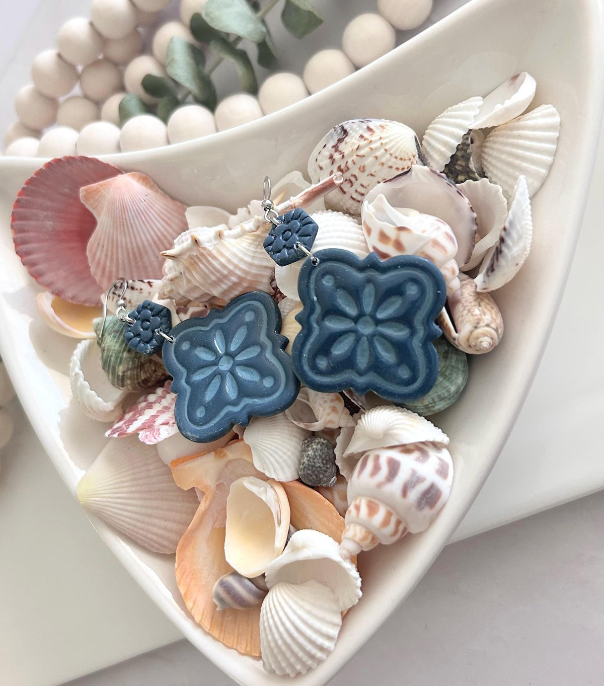 Dark Teal Blue Statement Tile Dangle Earrings Handmade Jewelry Lightweight Vacation Gift