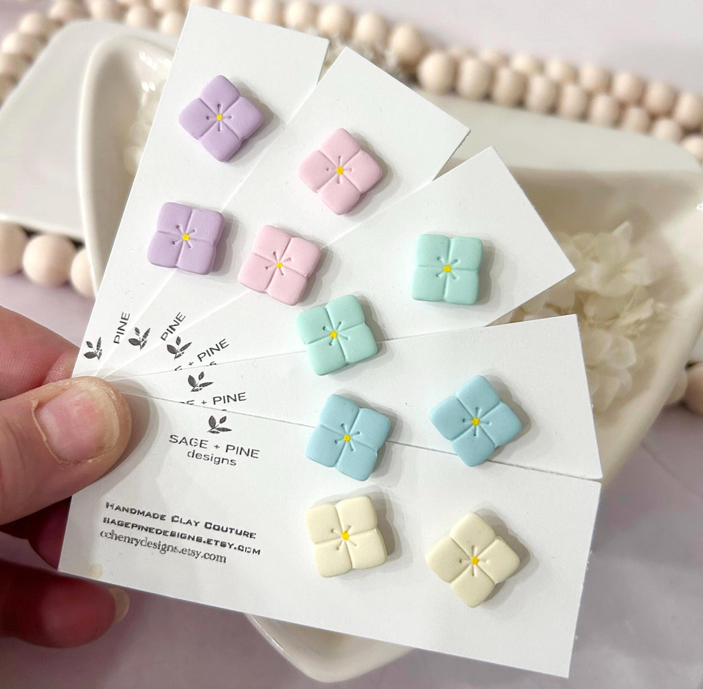 Pastel Hydrangea Flower Studs, Small Clay Post Earrings, Birthday Gift for Girl, Hypoallergenic Studs