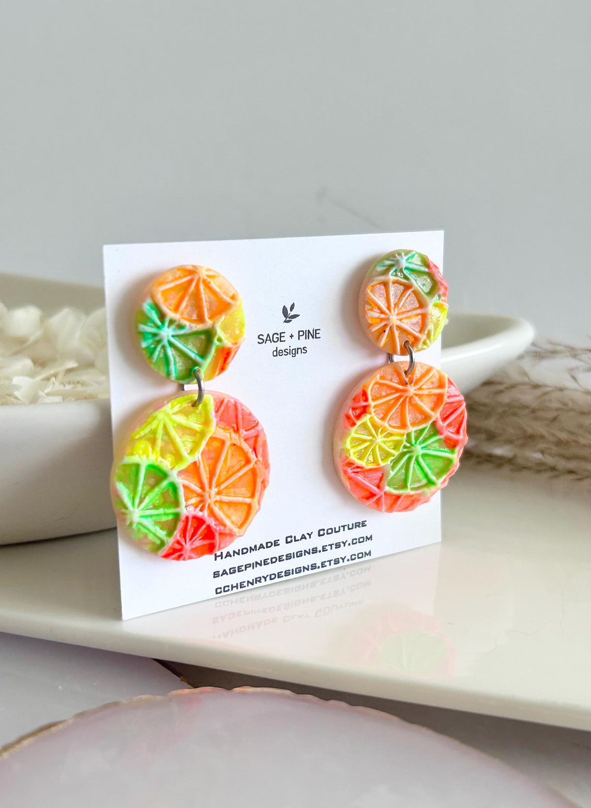 Neon Orange Slice Foodie Earrings, Grapefruit, Lemon, Lime, Unique Handcrafted Dangles, 90s Statement Clay Jewelry