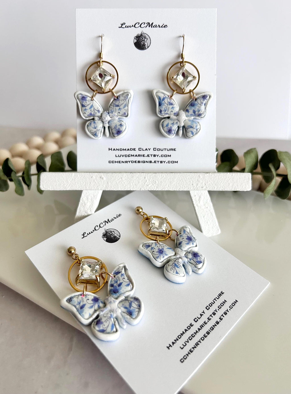 Blue Floral Butterfly Earrings, Chinoiserie Diamond Charm Dangles, Handmade Clay Boho Jewelry