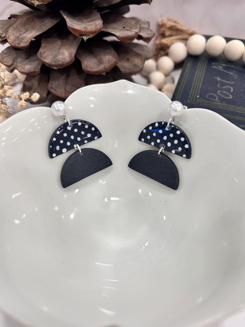 Navy Blue Handmade Polka Dot Clay Dangle Earrings: Retro Boho Pearl Studs