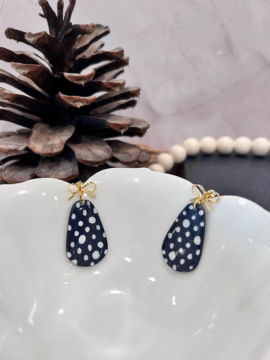Hand Painted Navy Blue & White Polka Dot Earrings, Gold Bow Drop Dangles, Handmade Jewelry