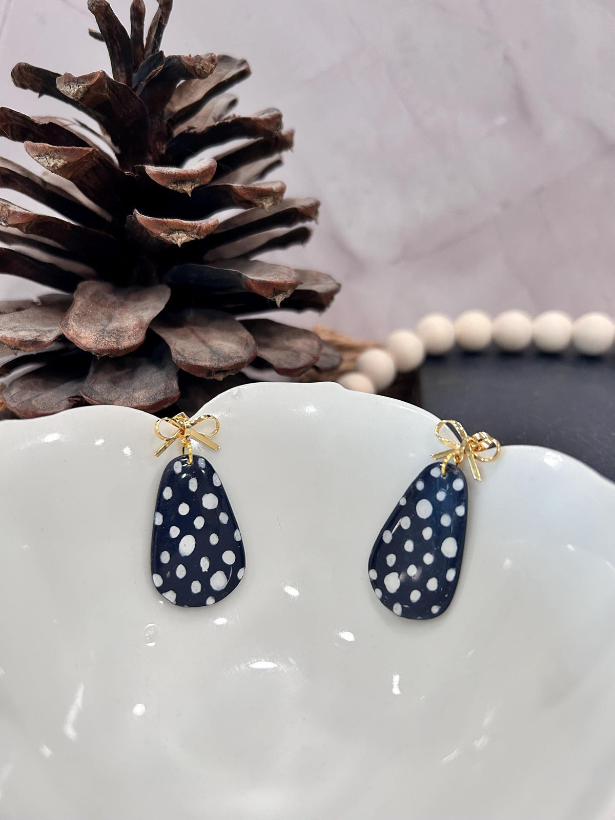 Hand Painted Navy Blue & White Polka Dot Earrings, Gold Bow Drop Dangles, Handmade Jewelry