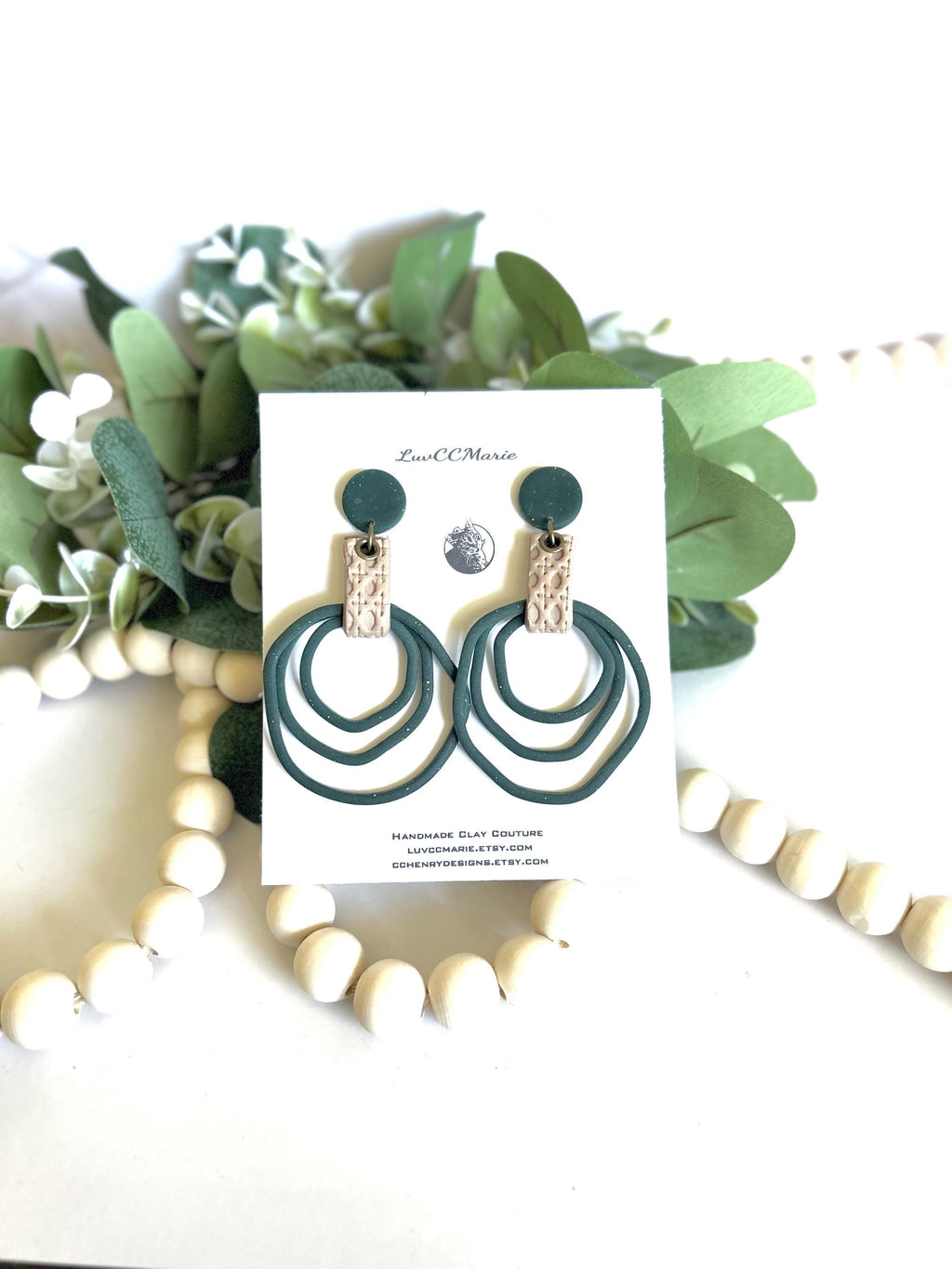 Dark Green Hoop Earrings, Forest Green Large Thin Hoops, Long Hanging Art Nouveau Drops, Unique Artisanal Dangles