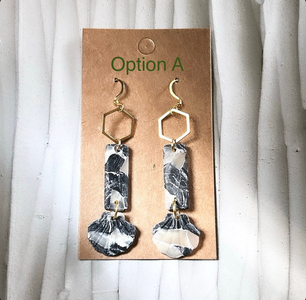 Seashell Earrings, Black and Gold Long Dangles, Coastal Beach Vacation Clay Jewelry Wedding Gift