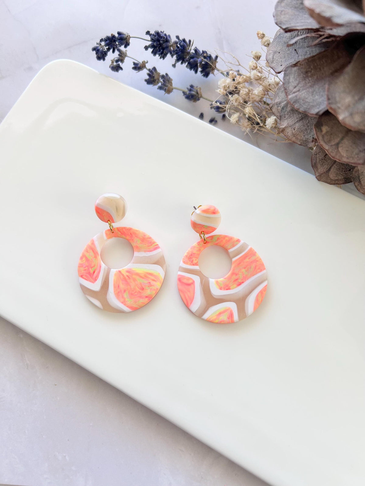 Coral Tortoiseshell Clay Hoop Earrings: Retro Boho Dangles