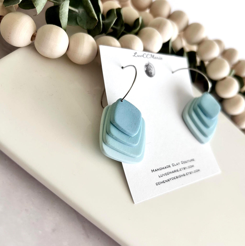 Pink or Blue Pastel Earrings, Dangle Hoops, Geometric Clay Dangles, Beach Vacation Jewelry Gift
