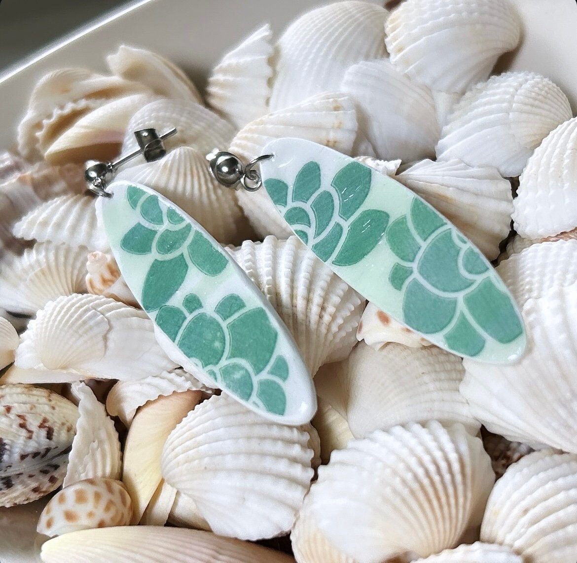 Mint Green Surfboard Earrings, Succulent Plant Dangles, Handmade Clay Coastal Beach Vacation Jewelry