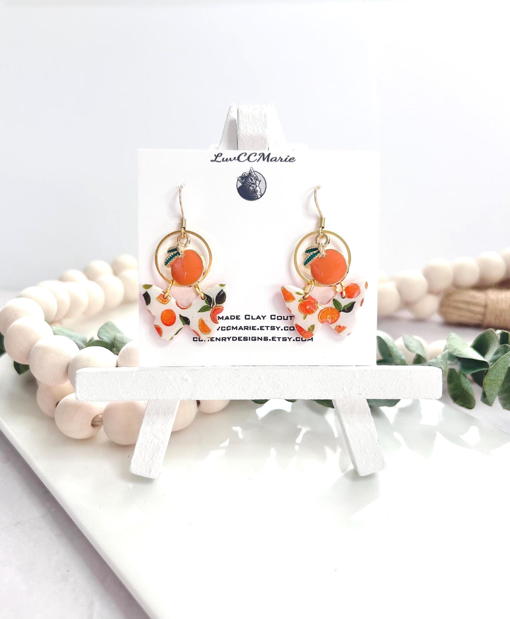 White and Orange Butterfly Earrings, Fruit Dangles, Handmade Clay Summer Jewelry Foodie Gift