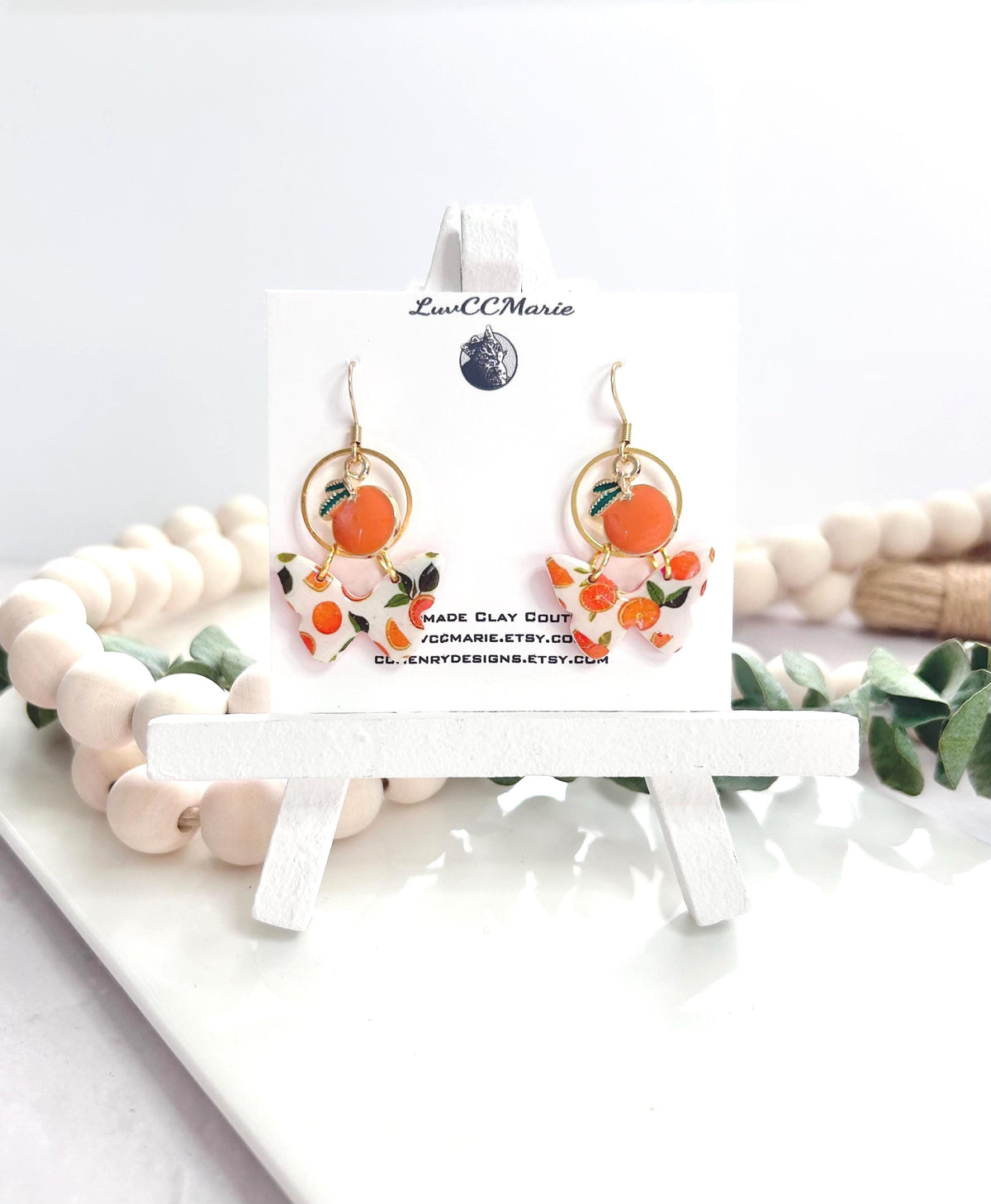 White and Orange Butterfly Earrings, Fruit Dangles, Handmade Clay Summer Jewelry Foodie Gift