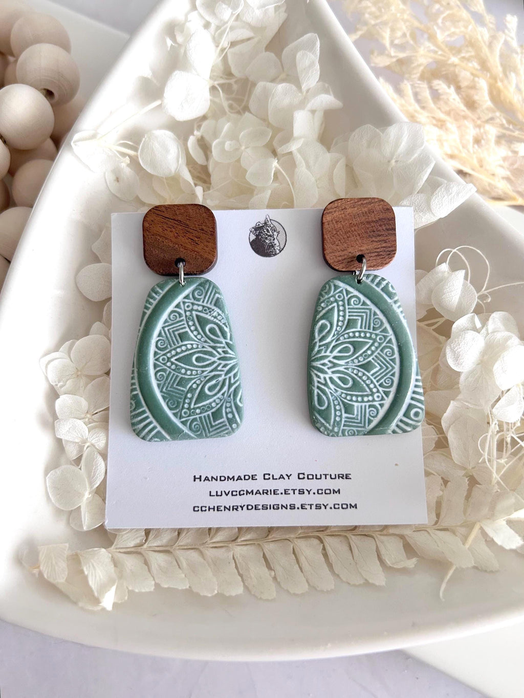 Sage and White Clay Earrings, Mandala Dangles, Floral Clay & Wood Boho Neutral Handmade Jewelry