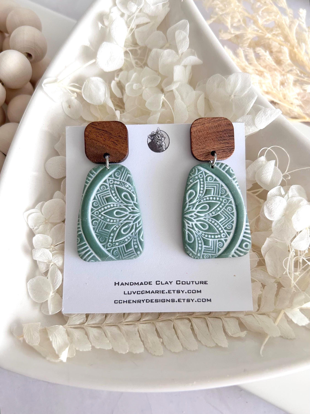 Sage and White Clay Earrings, Mandala Dangles, Floral Clay & Wood Boho Neutral Handmade Jewelry
