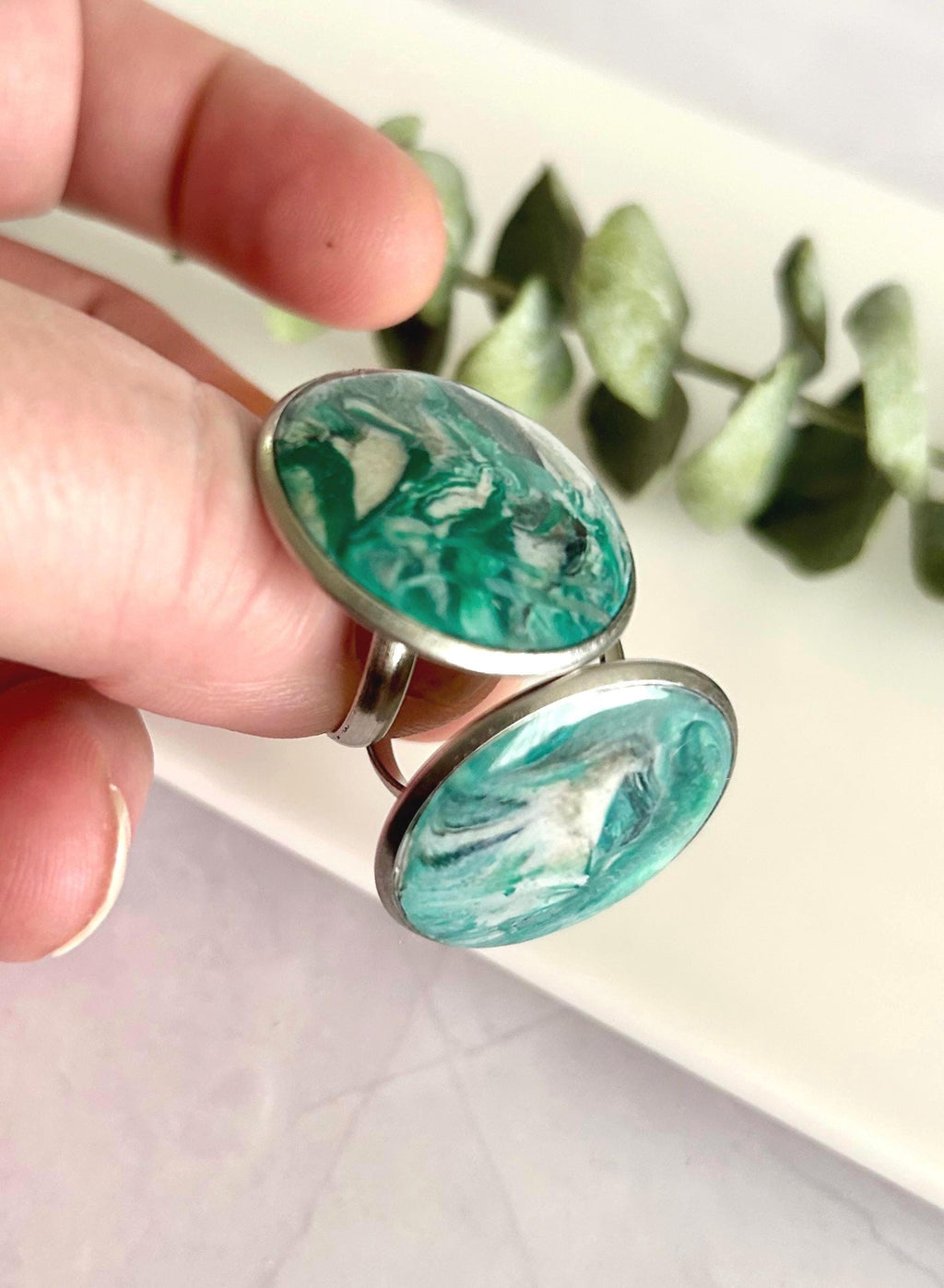Green Faux Malachite Stone Polymer Clay Ring, Stainless Steel Adjustable Band, Handmade Jewelry