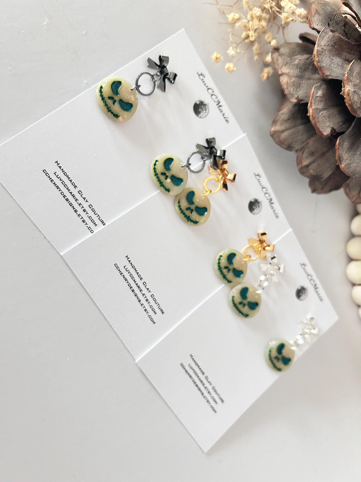 Green Skull Earrings, Bow Stud Drop Dangles, Opal Jack Handmade Jewelry