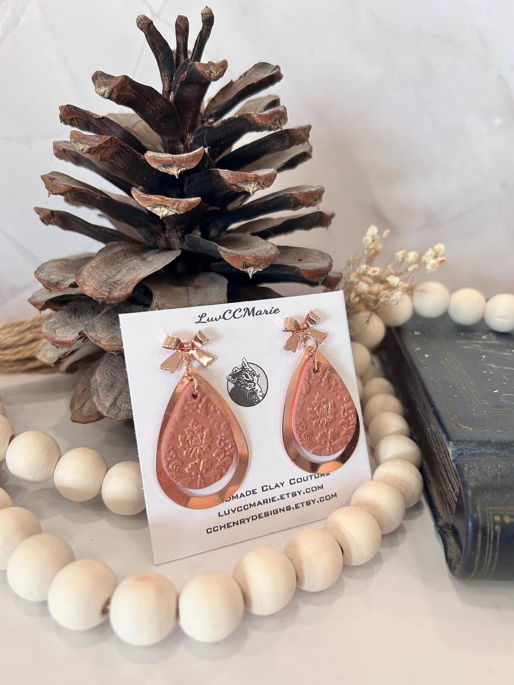 Copper and Clay Dangle Earrings, Mauve Pink Teardrop Dangles, Lightweight Boho Handmade Jewelry