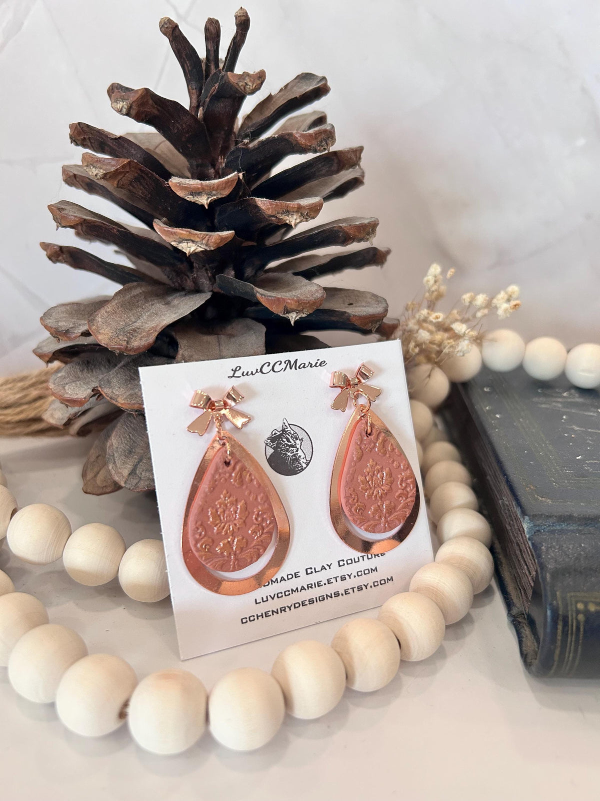 Copper and Clay Dangle Earrings, Mauve Pink Teardrop Dangles, Lightweight Boho Handmade Jewelry