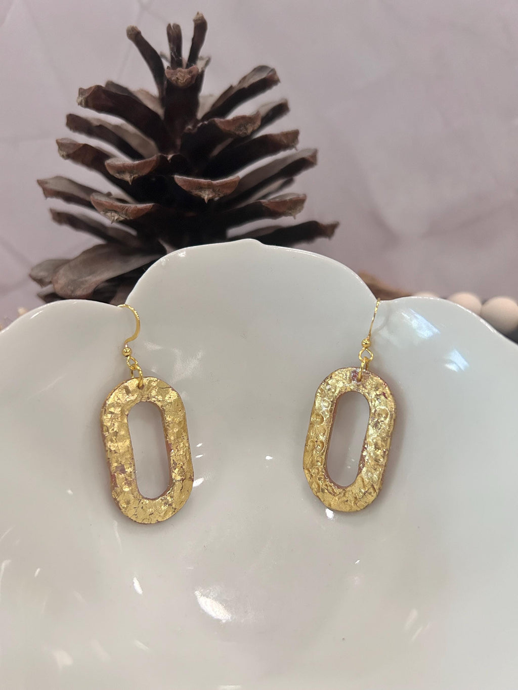 Handmade Hammered Gold Clay Earrings: Boho Dangle, Stainless Steel Studs