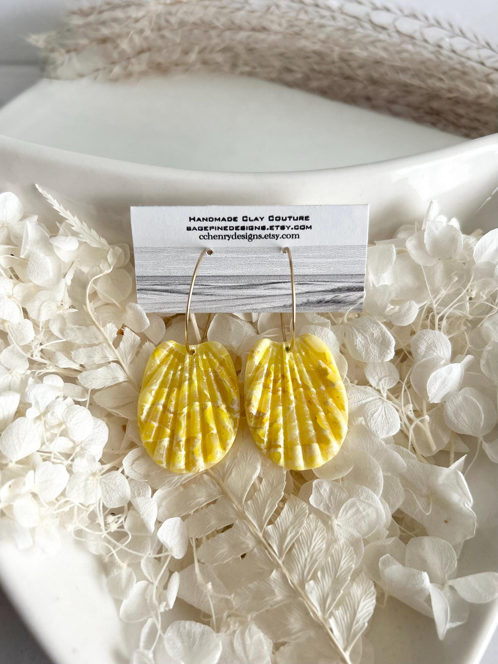 Handmade Clay Butter Yellow Shell Earrings, Seashell Hoop Dangles, Coastal Vacation Beach Jewelry